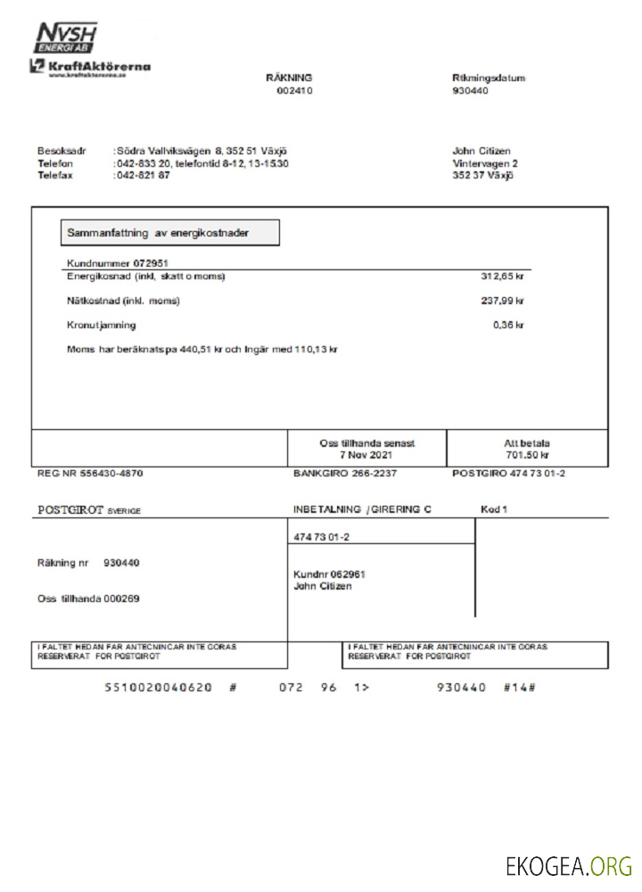 Sweden NVSH Energi utility bill template in Word and PDF format